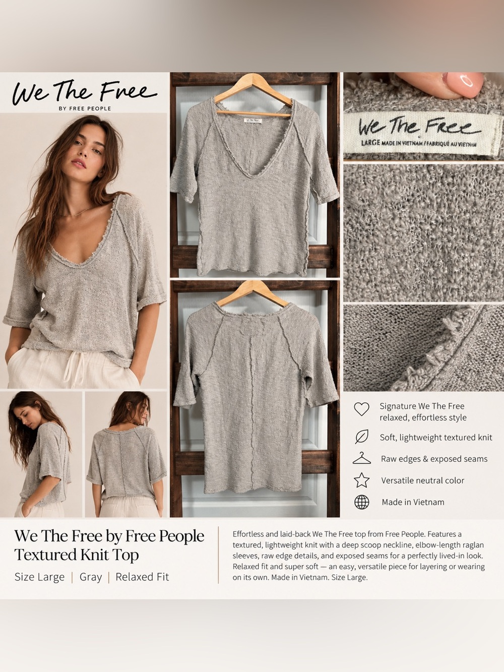 We The Free Gray Textured Scoop Neck Knit Top